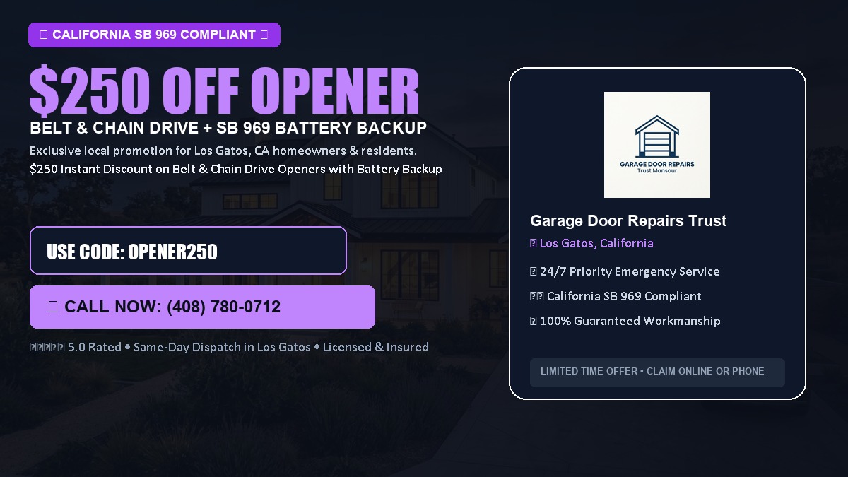 $250 OFF Smart Garage Door Opener Installation (Belt & Chain Drive with California SB 969 Battery Backup) in Los Gatos, CA